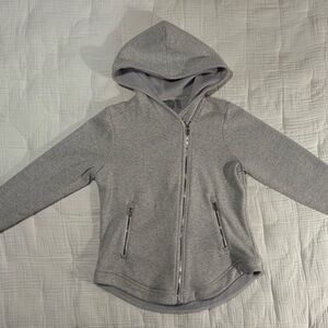 Athleta Cozy Heathers Grey Asymmetrical Zip Hoodie Curved Hem Medium Petite MP